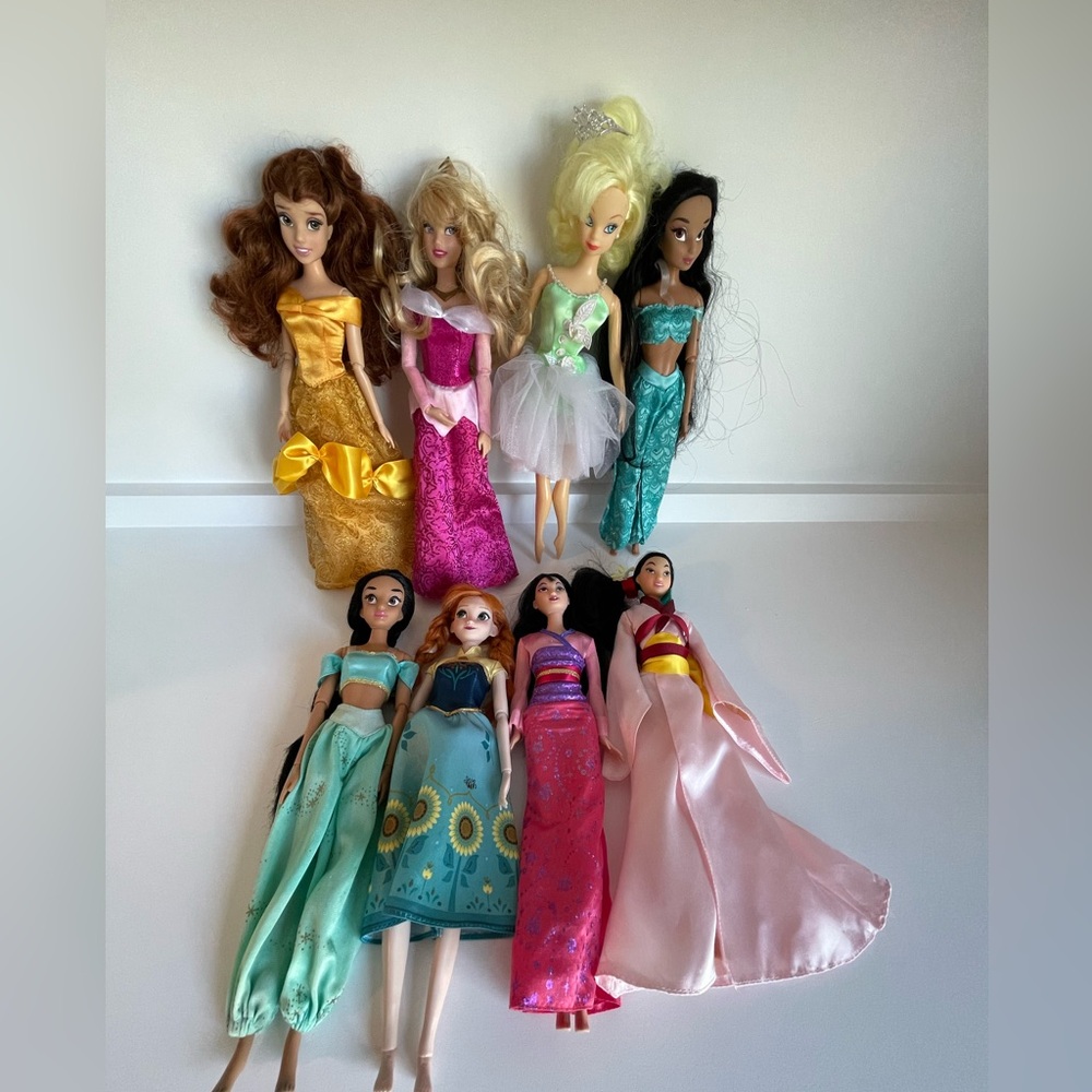 Disney Princess Doll Lot Of 8 Belle Jasmine Aurora Mulan Anna Vintage Tinkerbell